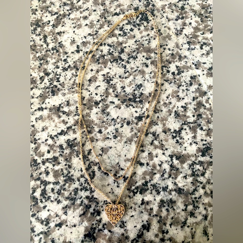 Gold Double Layer Heart Pendant Necklace
